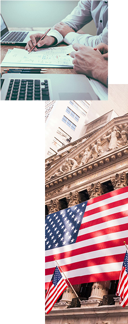 Collage photo of advisors reviewing financial data and Wall Street