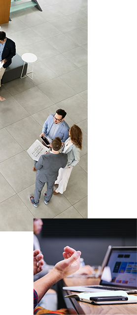 Collage photo of business people in meeting area and advisors looking over financial data